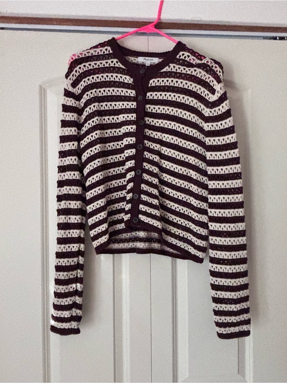 Madewell Cropped Striped Open-Knit Cardigan - Cream & Dark Brown